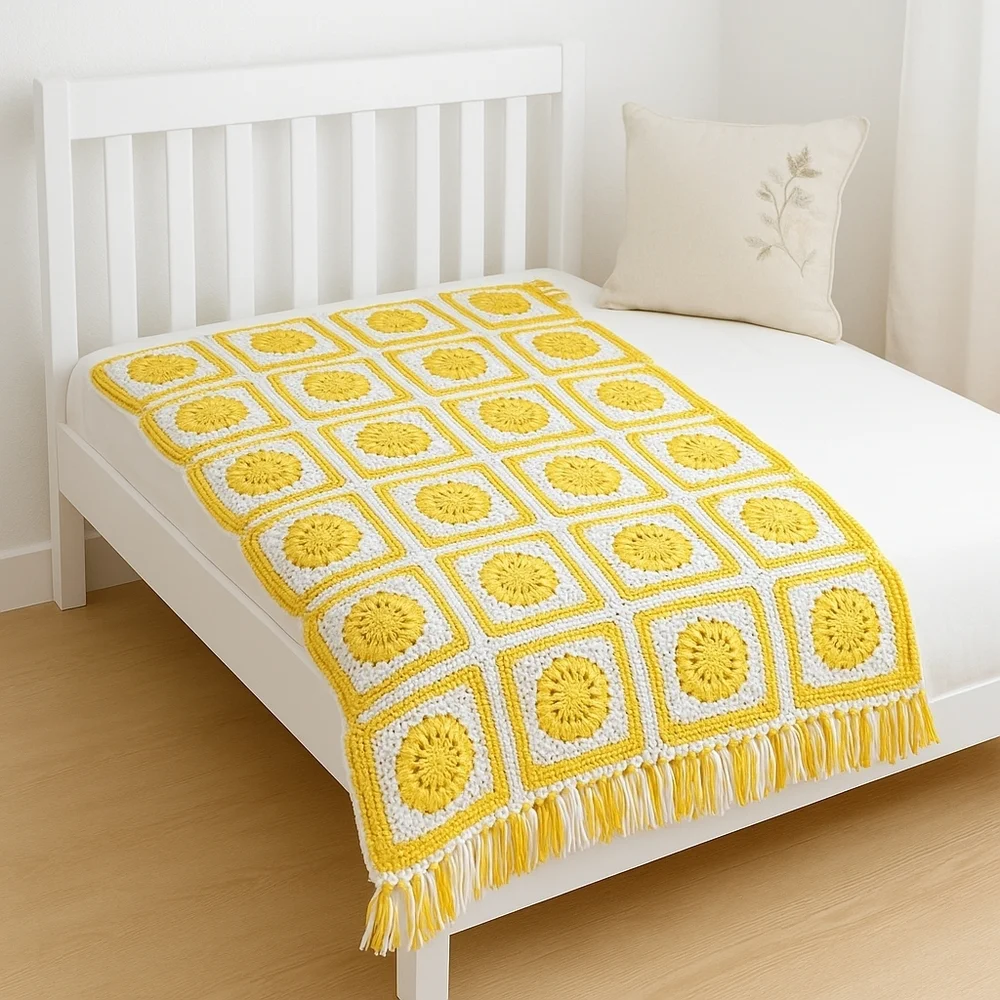Handmade Yellow White Crochet Granny Square Blanket 37x63 Sunflower Fringe Retro